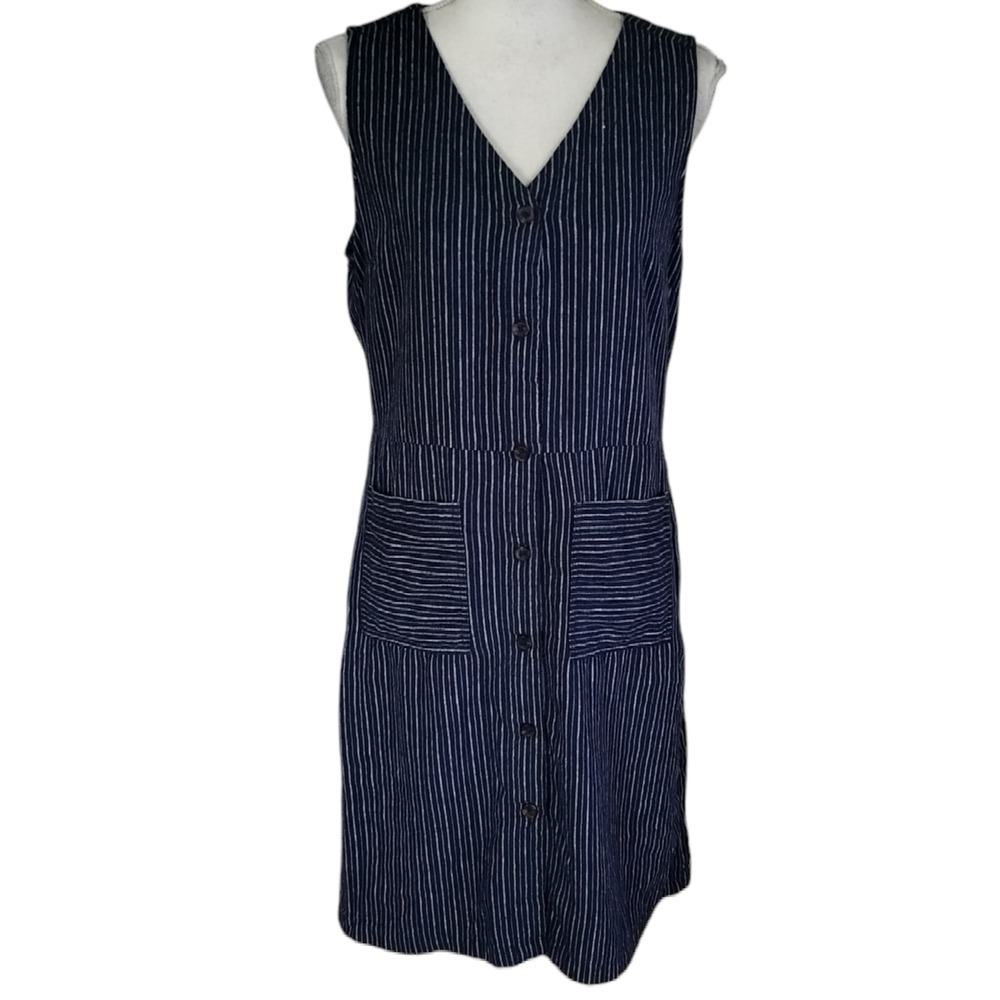 🌻 2/$20 Old Navy S Linen Blend Dress Button Front Midi Pockets Navy Blue Striped